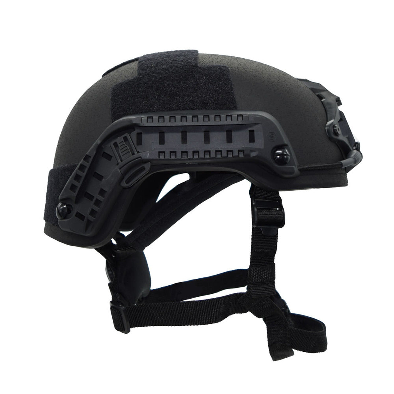 A black Shellback Tactical Level IIIA Spec Ops ACH High Cut Ballistic Helmet with a visor and straps.