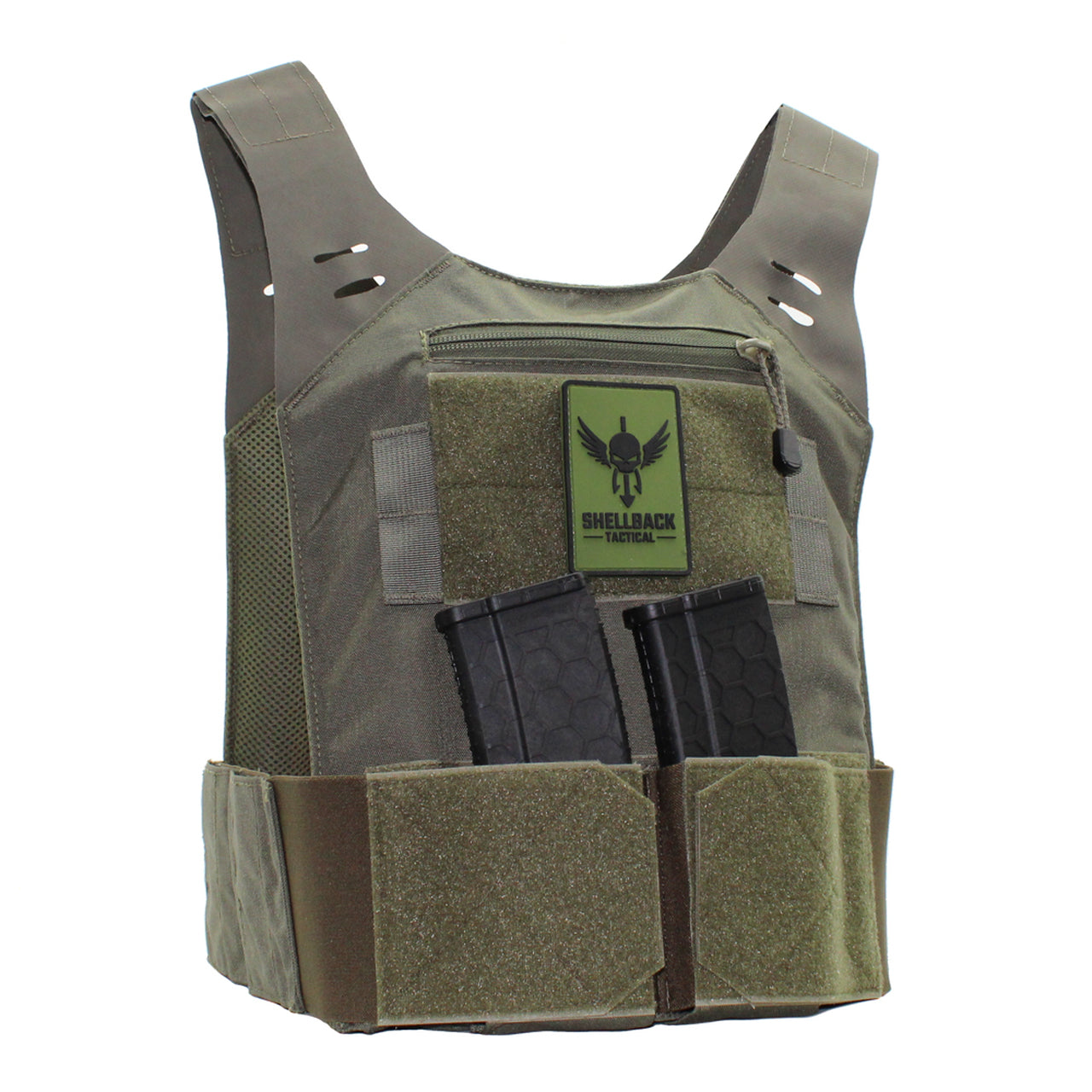 A Shellback Tactical Stealth Low Vis Plate Carrier with two magazines on it.