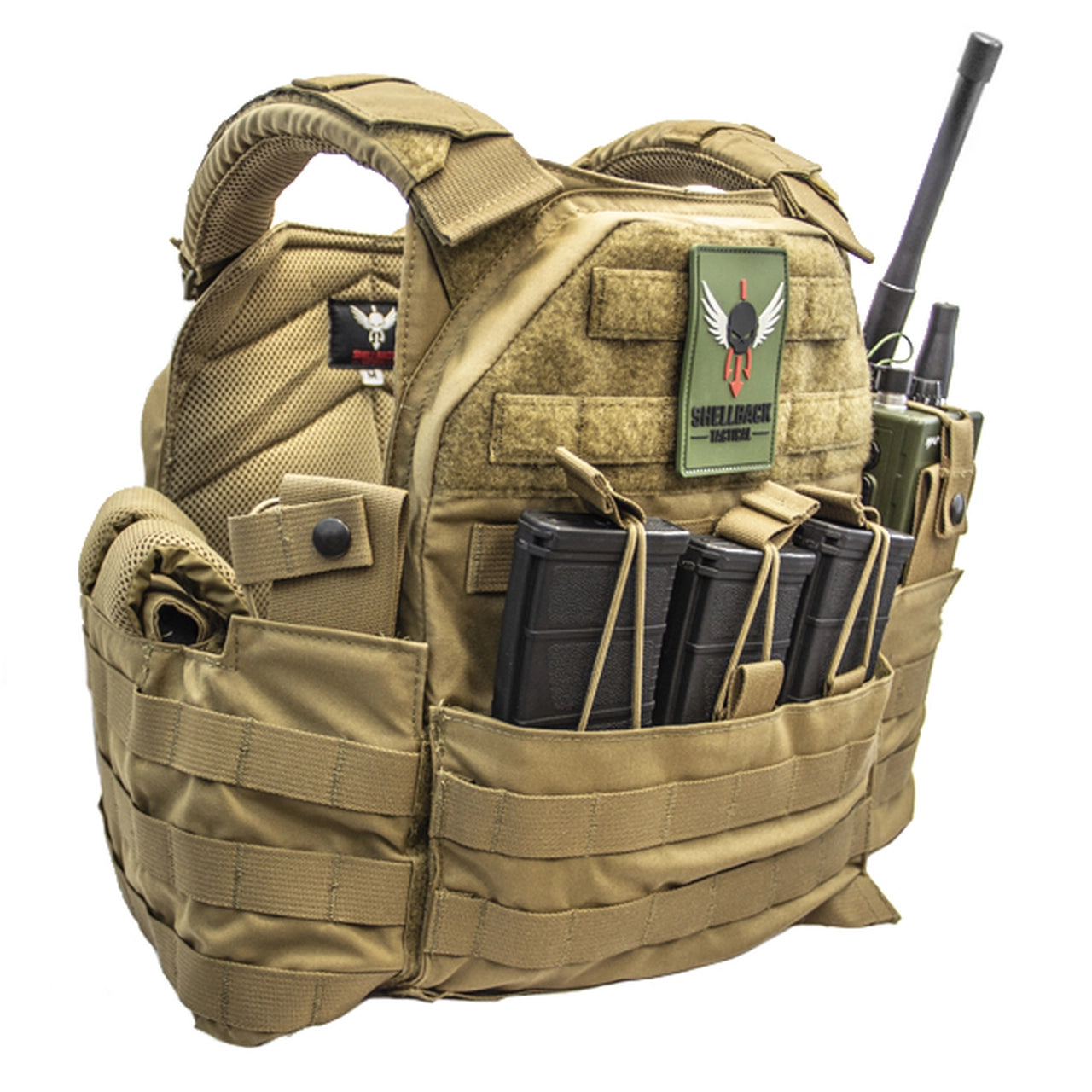 A modular and low profile plate carrier, the Shellback Tactical SF Plate Carrier by Shellback Tactical is combat ready with a radio attachment.