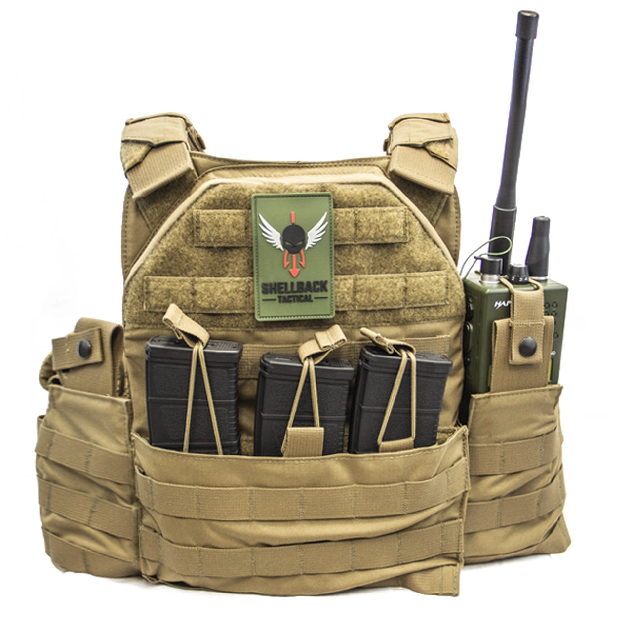 A Shellback Tactical SF Plate Carrier, a combat ready, modular and low profile plate carrier with a radio attached.