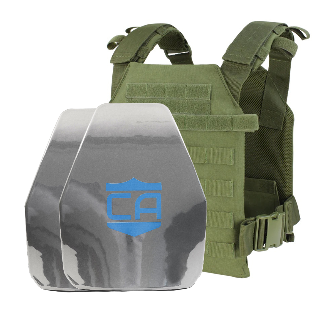 A tactical vest with a silver-colored Caliber Armor AR550 Level III+ Quick Response /w PolyShield - Shooters Cut - PolyShield ballistic plate insert.