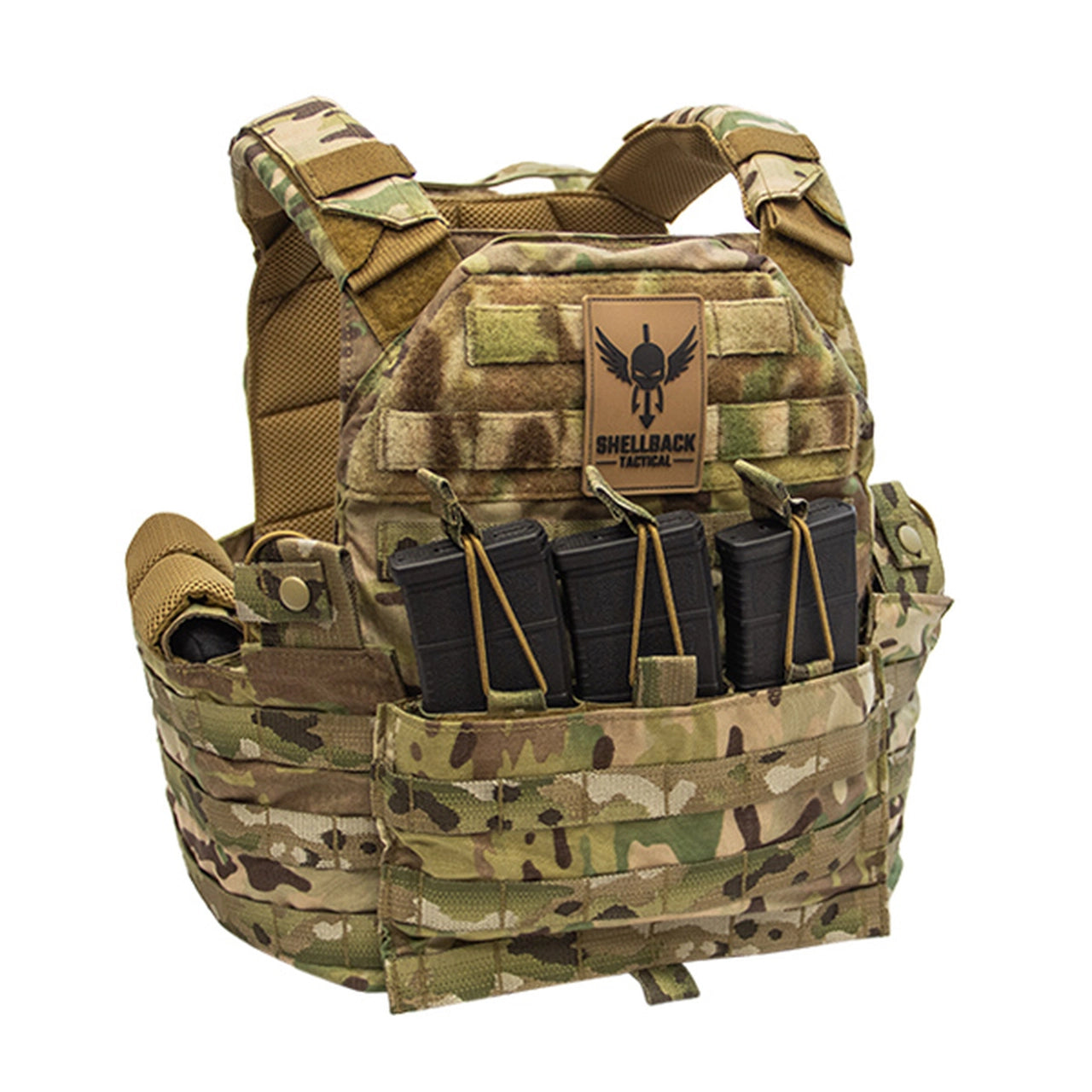 A combat ready plate carrier, the Shellback Tactical SF Plate Carrier by Shellback Tactical is a modular and low profile gear that comes equipped with multiple magazines for efficient ammunition storage.