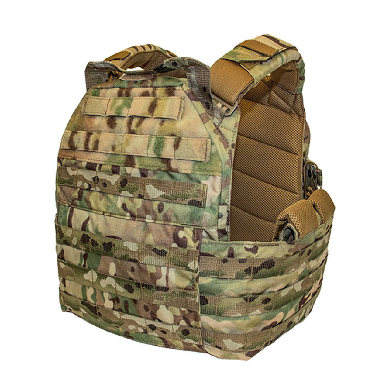 A modular and low profile multicam plate carrier, featuring the Shellback Tactical SF Plate Carrier by Shellback Tactical, on a white background.