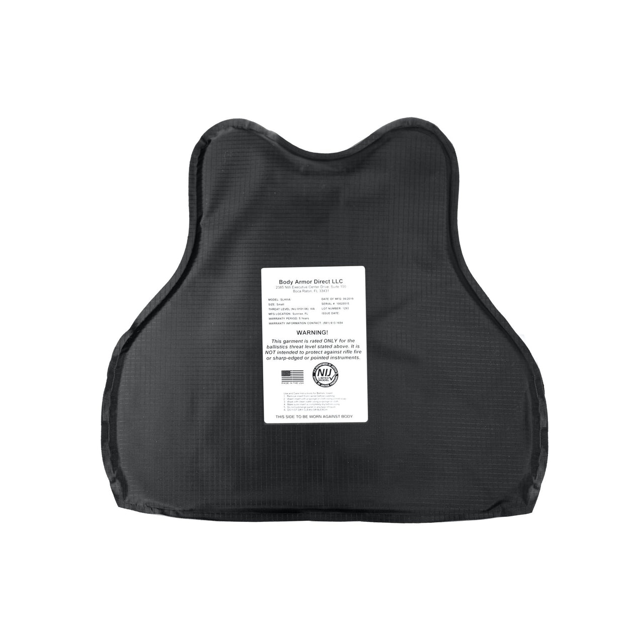 A black Body Armor Direct vest with a label on it.