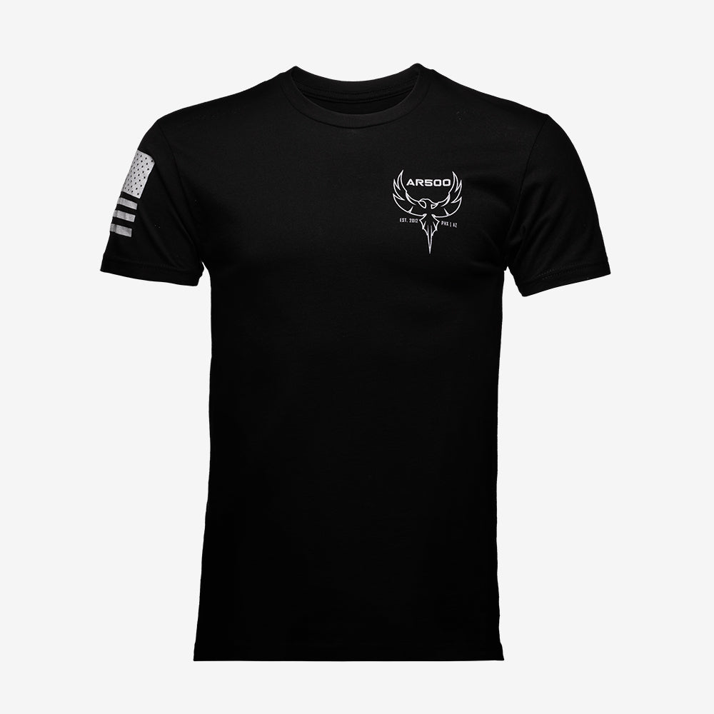 A black AR500 Armor T-Shirt with an image of a deer on it.