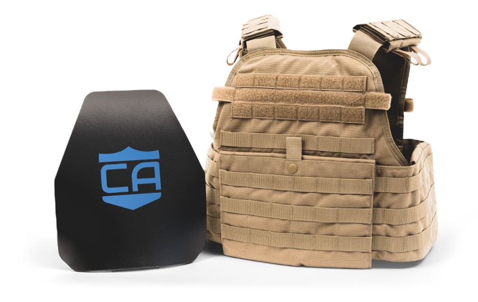 A Caliber Armor AR550 Level III+ Body Armor and Condor MOPC Package - Shooters Cut - Standard Coating plate carrier with the letter ca on it.