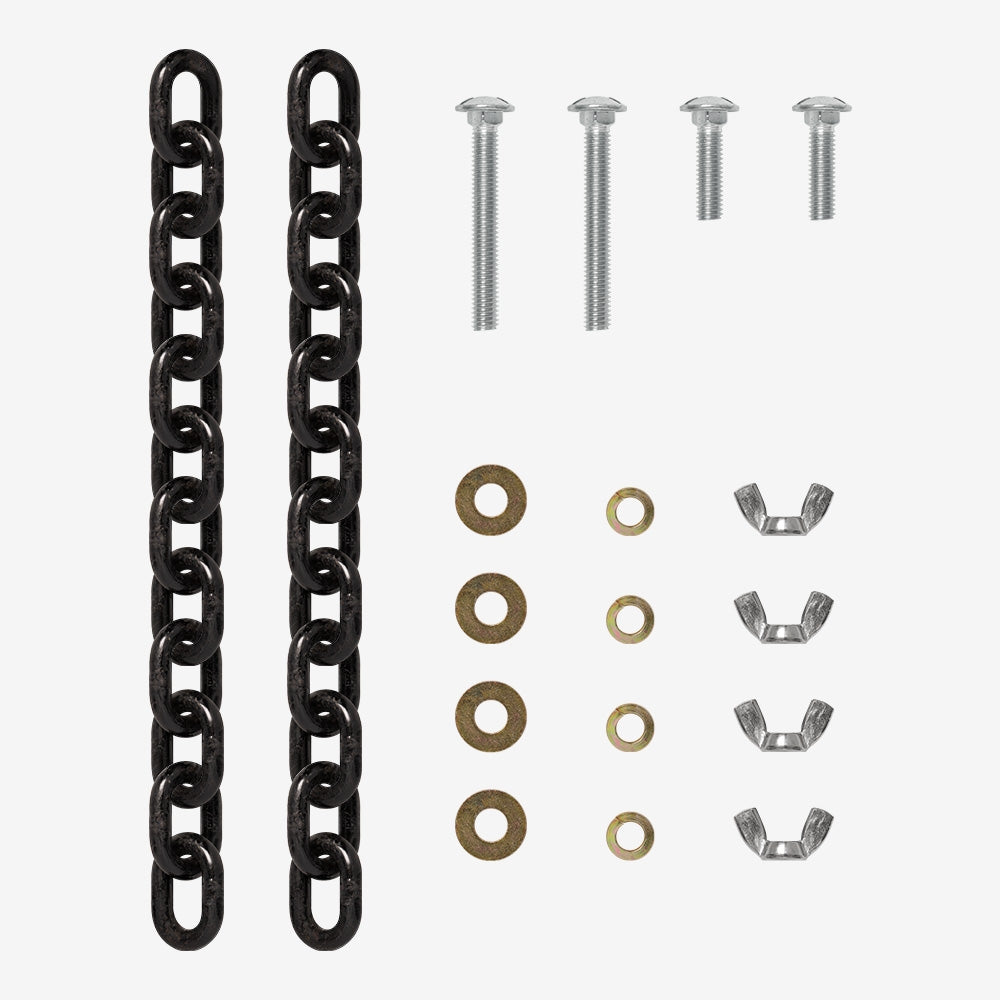 A black AR500 Armor Chain Hardware Kit (for hanging targets), bolts, nuts and bolts are shown on a white background.