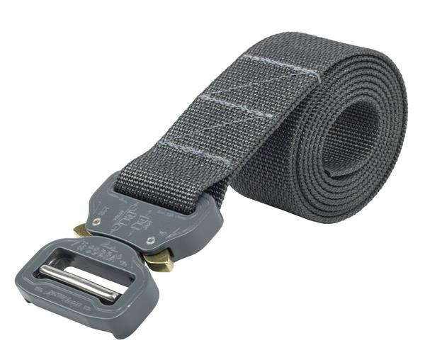 An Elite Survival Systems Cobra Tactical Belt, a gray nylon belt with a metal buckle.