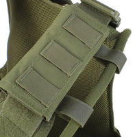 Thumbnail for Close-up of a green tactical backpack strap with molle webbing and a buckle on a Spartan Armor Systems Condor Defender Plate Carrier.