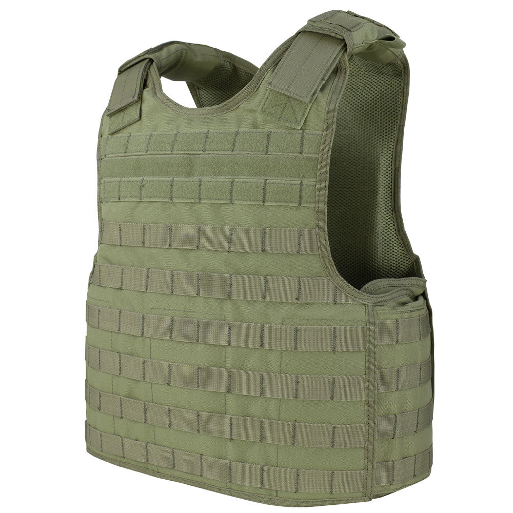 Spartan Armor Systems Condor Defender Plate Carrier with multiple rows of webbing for attachment and padded shoulder straps, isolated on white background.