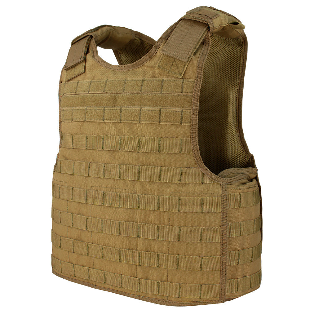 A tan Spartan Armor Systems Condor Defender Plate Carrier with modular webbing, displayed on a white background.