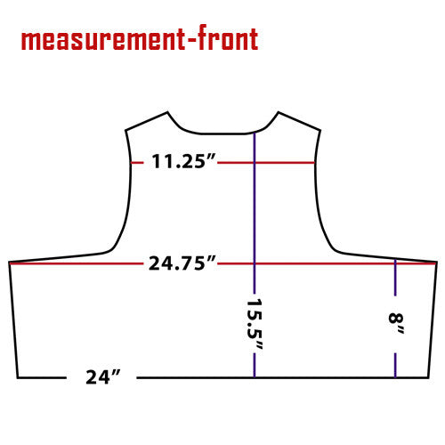 Diagram of the front measurement of a Spartan Armor Systems Condor Defender Plate Carrier showing various lengths in inches, labeled with dimensions.