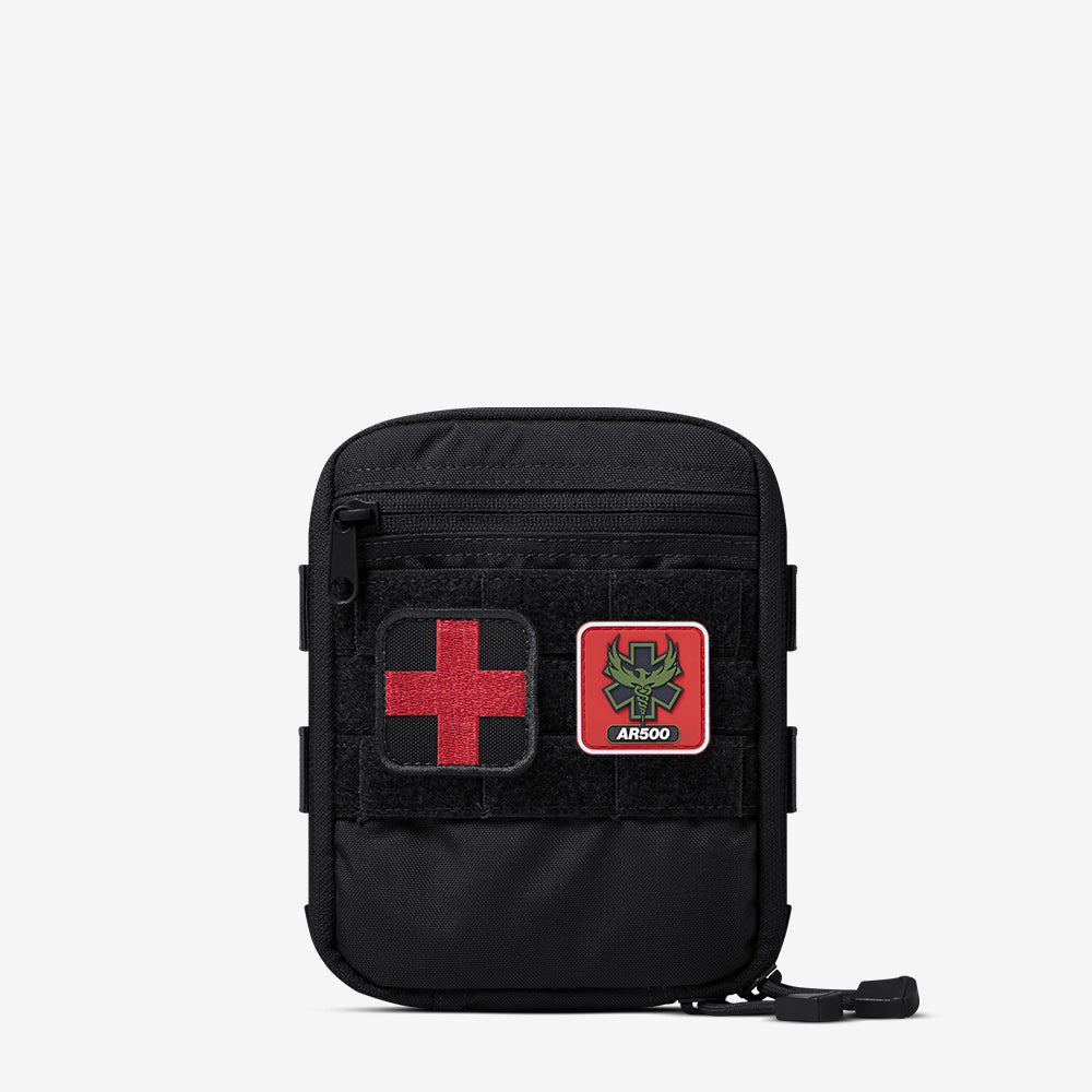 A black pouch with the AR500 Armor Individual First Aid Kit (IFAK) on it.