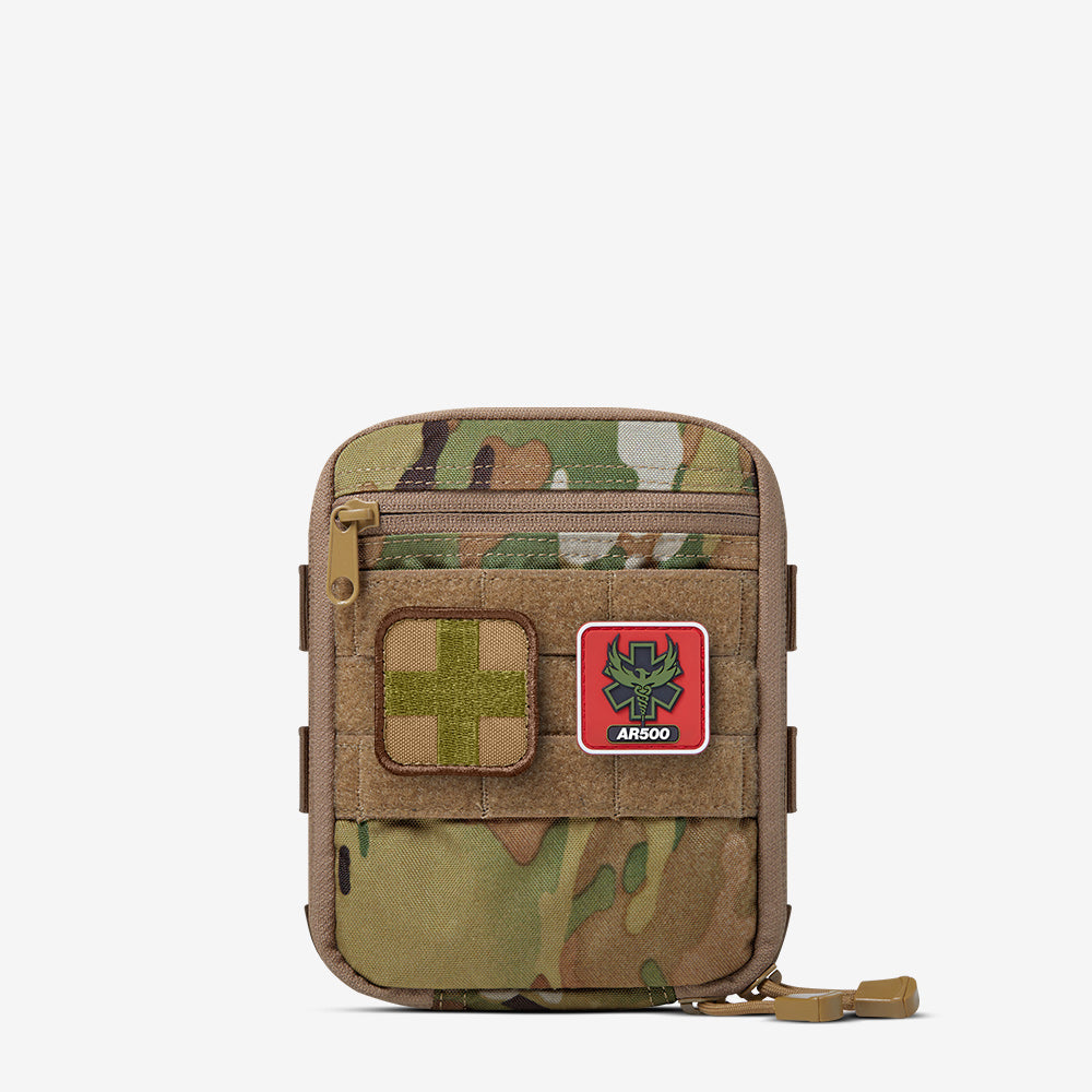 A small pouch with an AR500 Armor Individual First Aid Kit (IFAK) patch on it.
