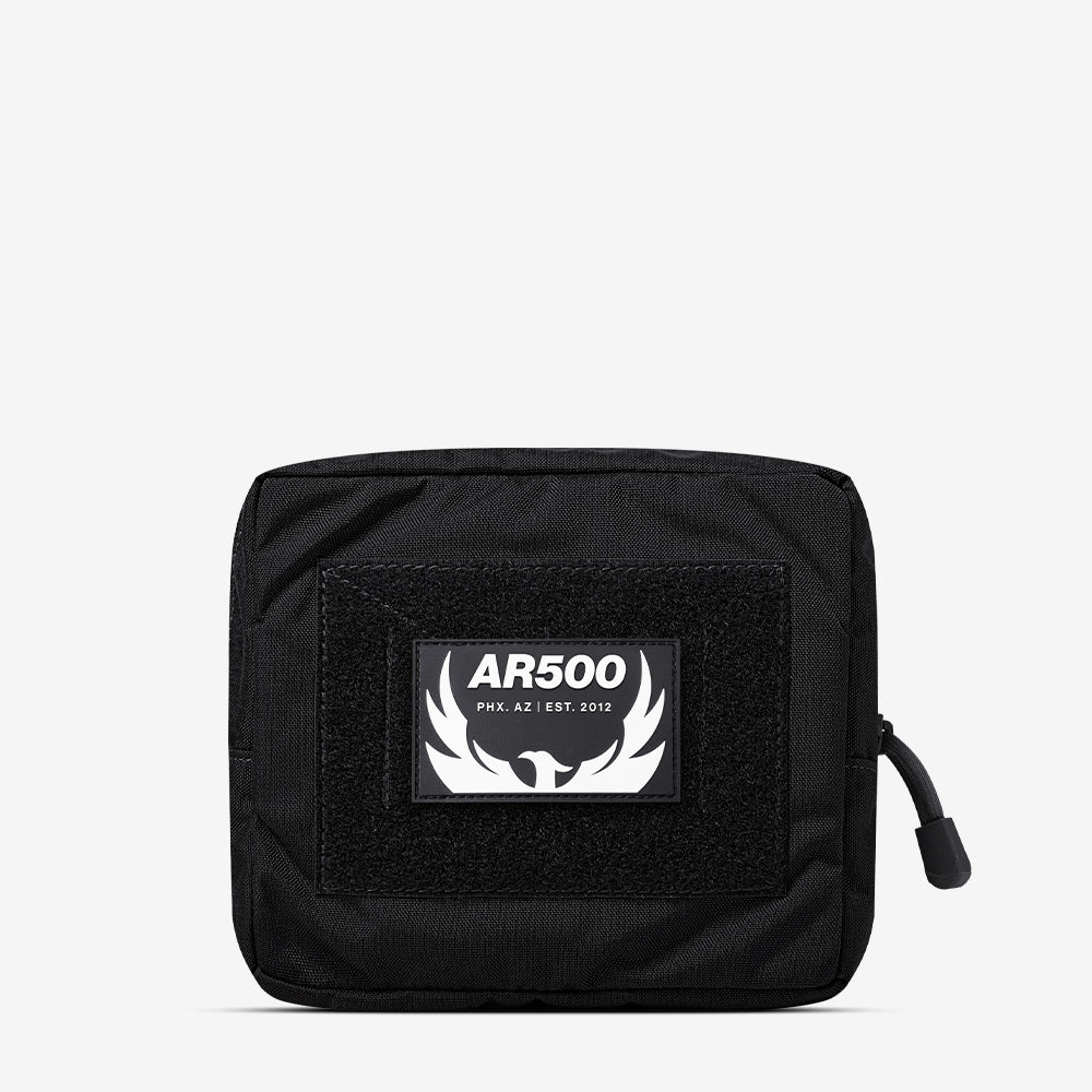 A black pouch with the AR500 Armor General Purpose Pouch-Black logo on it.
