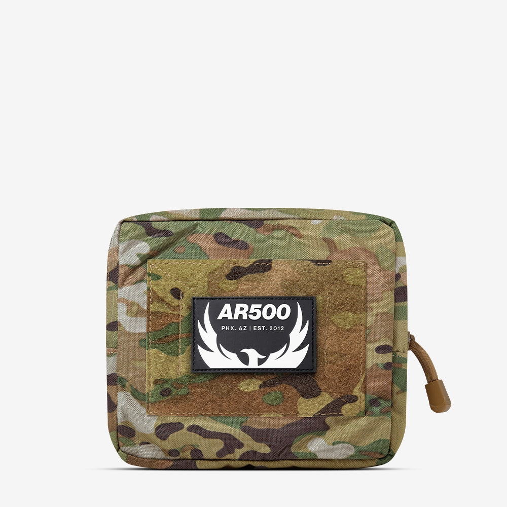 A small AR500 Armor General Purpose Pouch-Black with a camouflage logo on it.