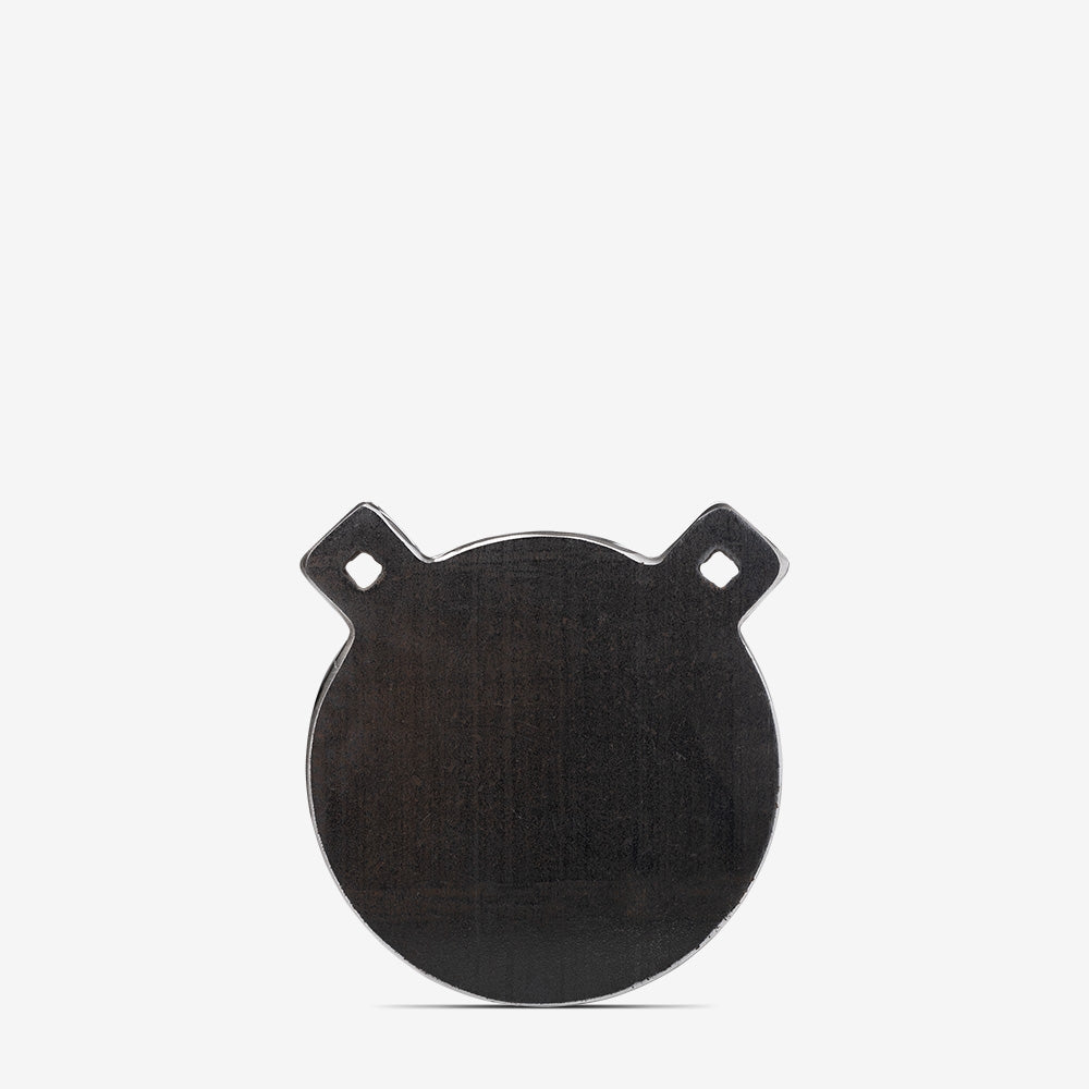 An AR500 Armor Gong black wooden plate on a white background.