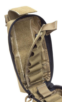 Thumbnail for Open Elite Survival Systems tactical backpack displaying its empty interior compartments and zippers, equipped with a Elite Survival Systems Velcro Attach Speed Strip shotgun shell holder, isolated on a white background.