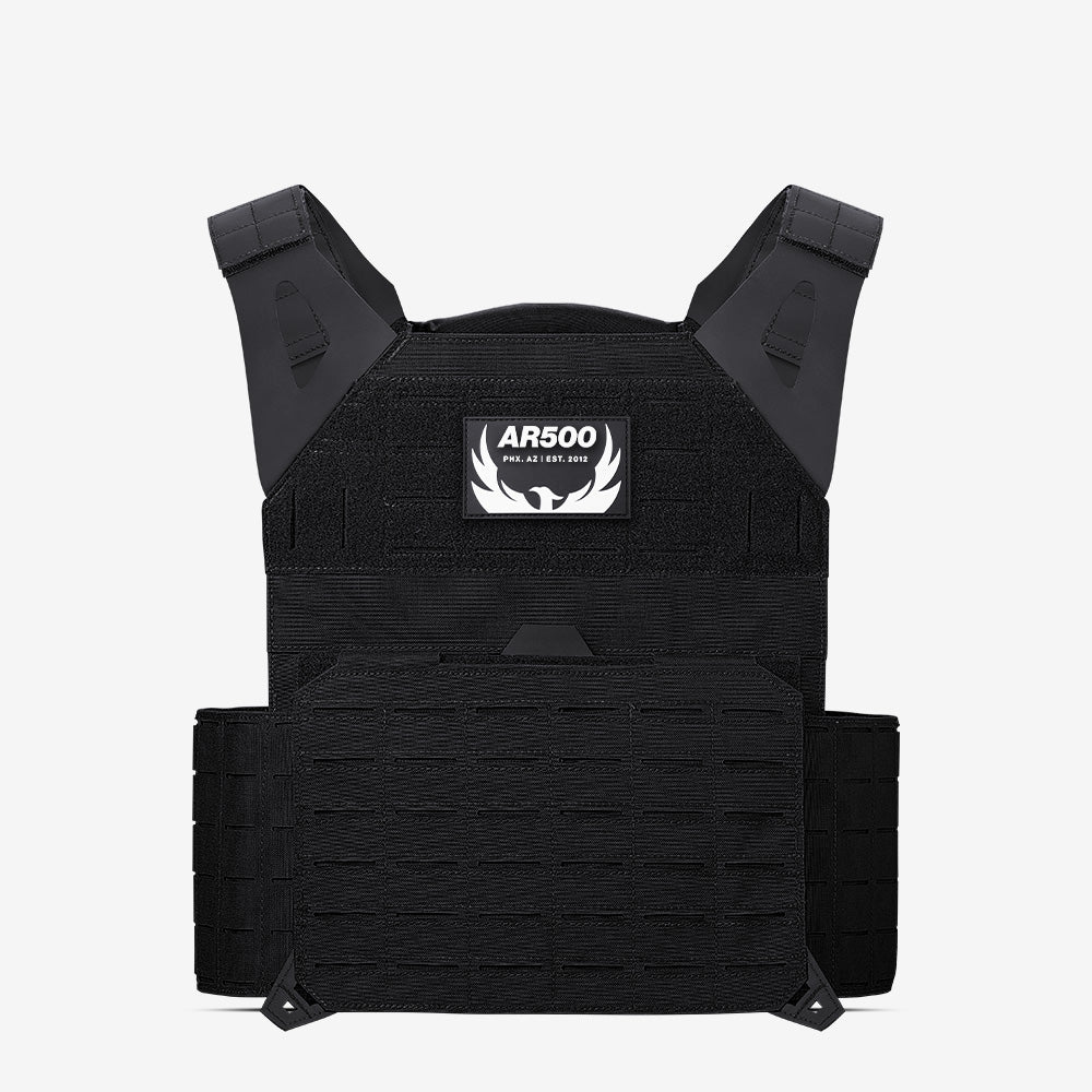 A black AR500 Armor AR Invictus Plate Carrier with the word arbo on it.