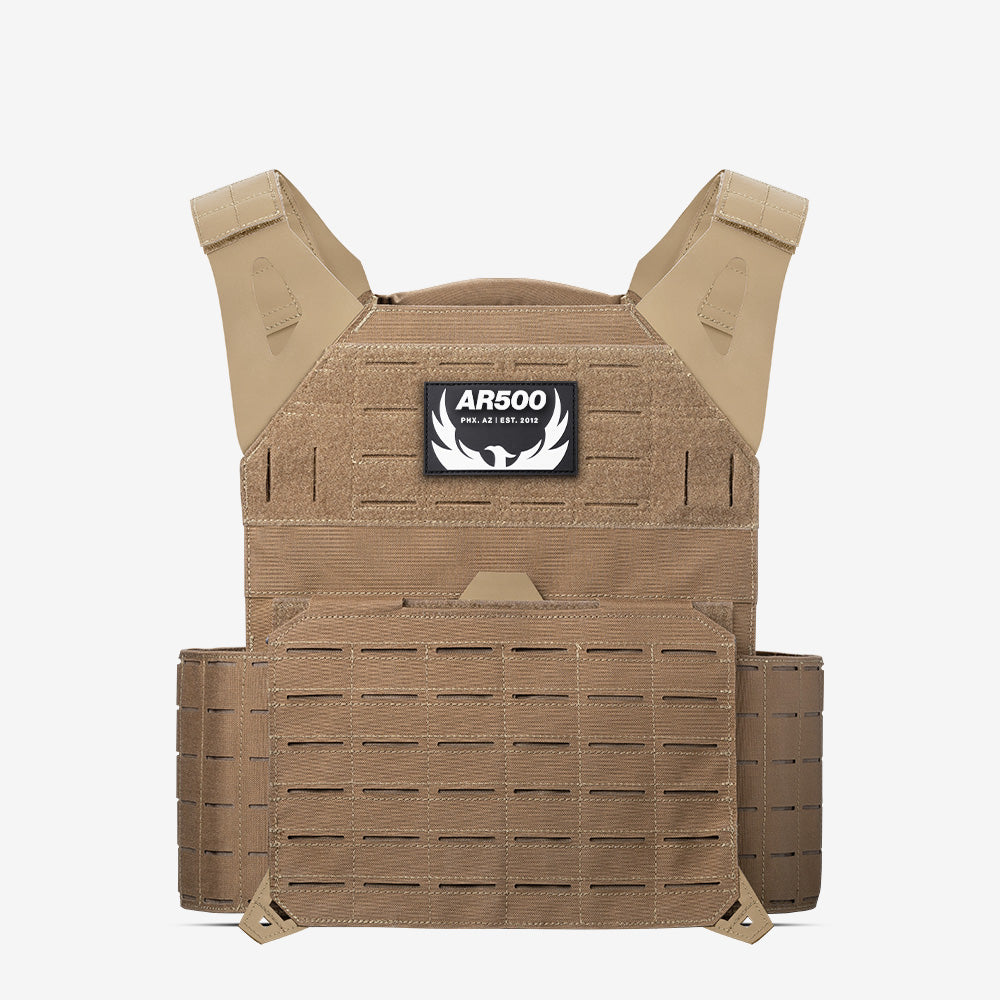 A tan AR500 Armor AR Invictus Plate Carrier with the word arbo on it.