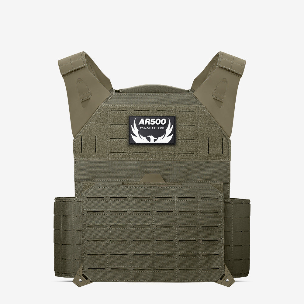 A green AR500 Armor AR Invictus Plate Carrier with the word arbo on it.