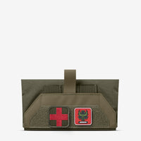 Thumbnail for An AR500 Armor green pouch with a red cross on it.