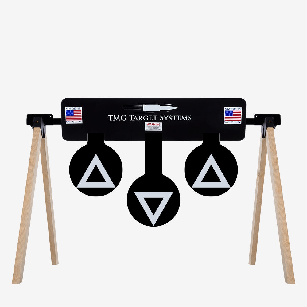 A black AR500 Armor target stand with three triangles on it.