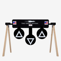 Thumbnail for A black AR500 Armor target stand with three triangles on it.