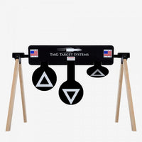 Thumbnail for A black AR500 Armor Rifle Long Range Target System (LR-1) stand with three flags on it.