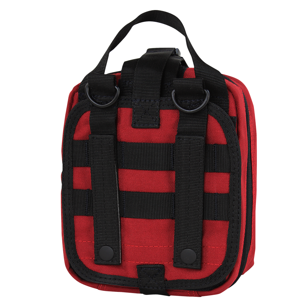 A red and black Spartan Armor Systems Condor Rip-Away EMT Pouch with molle webbing and a top carrying handle.