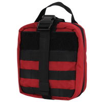 Thumbnail for A red tactical backpack with black straps and patches, featuring a large buckle and a Spartan Armor Systems Condor Rip-Away EMT Pouch on the front.