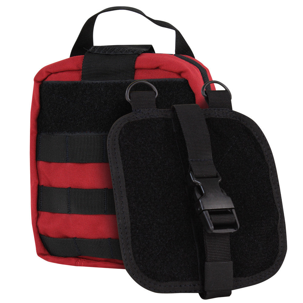 Red and black Spartan Armor Systems Condor Rip-Away EMT Pouch with external strap and front velcro panel featuring a double zipper closure, isolated on a white background.