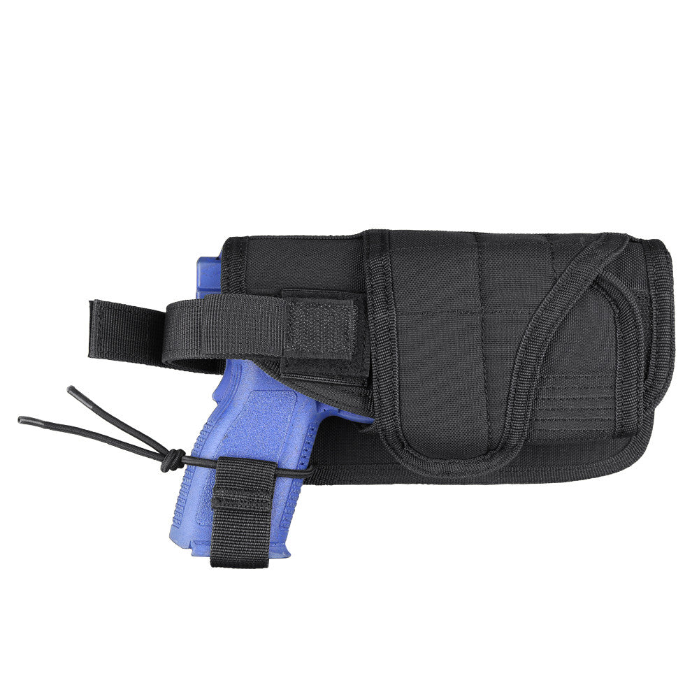 Black Spartan Armor Systems Condor HT Holster with a blue training gun secured inside, isolated on a white background.