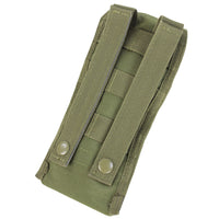 Thumbnail for Spartan Armor Systems Olive green Condor Radio Pouch with snap buttons and strapping, designed for modular attachment to gear using MOLLE compatibility.