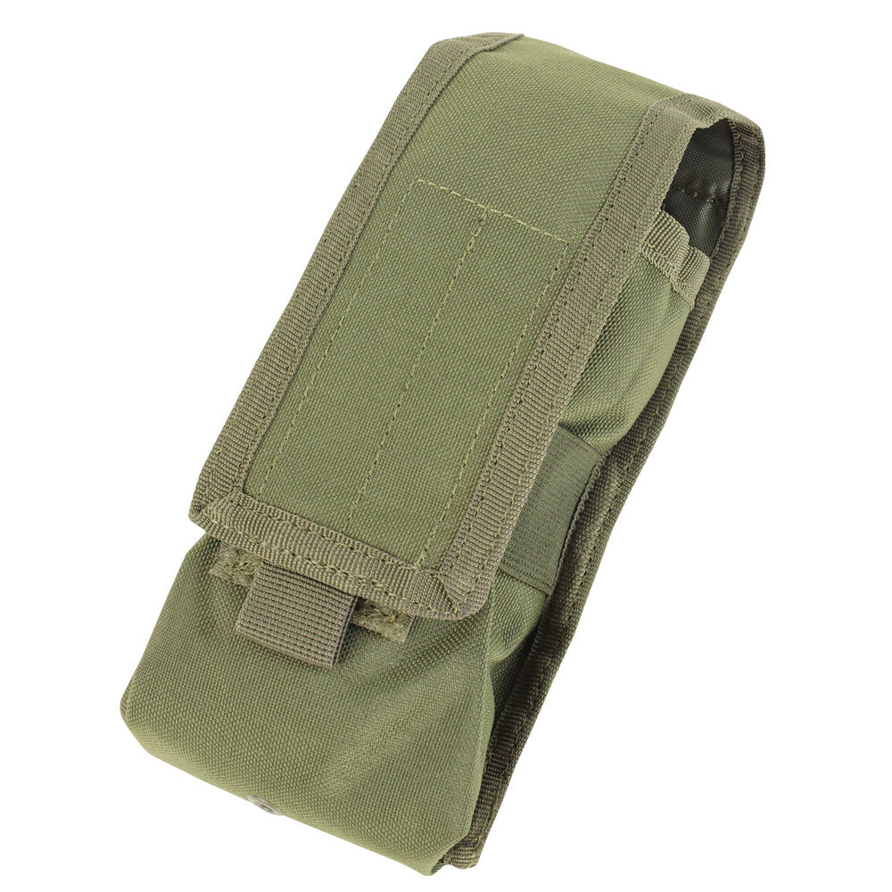 Olive green Spartan Armor Systems Condor Radio Pouch with a velcro flap and a side release buckle, suitable for attachment to a belt or backpack and is MOLLE compatible.