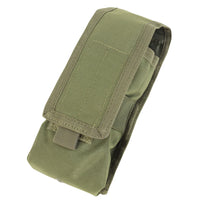 Thumbnail for Olive green Spartan Armor Systems Condor Radio Pouch with a velcro flap and a side release buckle, suitable for attachment to a belt or backpack and is MOLLE compatible.