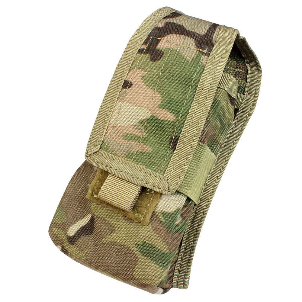 Spartan Armor Systems Condor Radio Pouch with a velcro flap closure and a clip-secured belt loop on a white background.