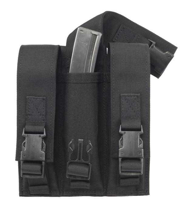 A black holster with two Elite Survival Systems MOLLE Triple 9mm Mag Pouches.