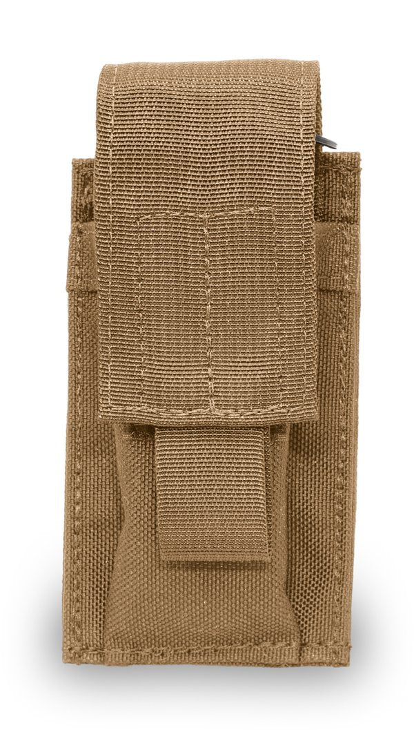 Brown Elite Survival Systems MOLLE Single Pistol Magazine Pouch with a Velcro flap and additional side compartments, isolated on a white background.