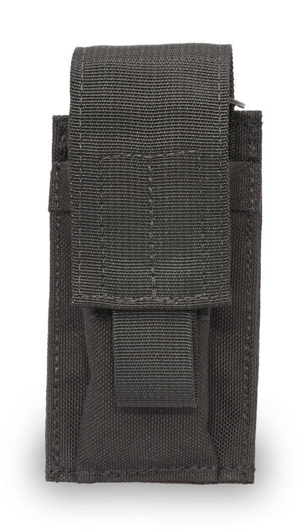 A black Elite Survival Systems MOLLE Single Pistol Magazine Pouch with velcro fasteners and a clip, designed as a MOLLE compatible single magazine holder, shown against a white background.