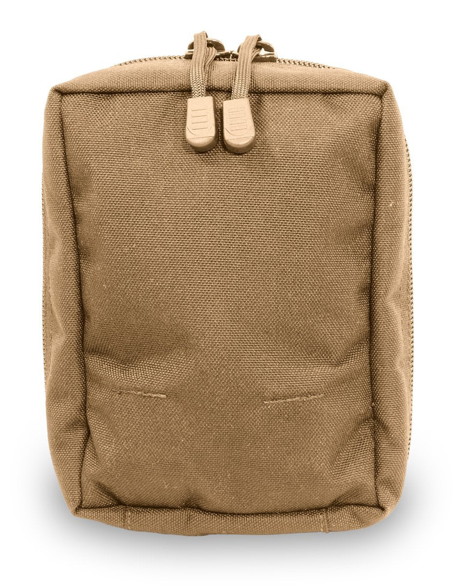 Sentence with replaced product:
Tan canvas backpack standing upright on a white background, featuring two zippers, padded straps, and an Elite Survival Systems MOLLE medical utility pouch.