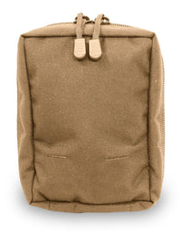 Thumbnail for Sentence with replaced product:
Tan canvas backpack standing upright on a white background, featuring two zippers, padded straps, and an Elite Survival Systems MOLLE medical utility pouch.