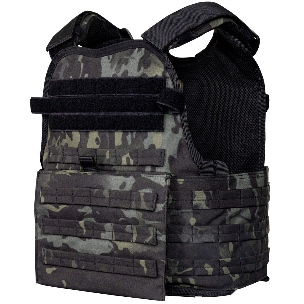 A Caliber Armor AR550 Level III+ Body Armor /w PolyShield and Condor MOPC - Shooters Cut - PolyShield plate carrier with a black camouflage pattern.