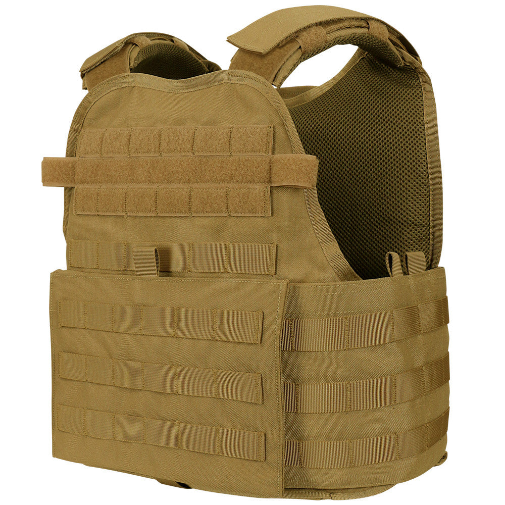 A Caliber Armor AR550 Level III+ Body Armor /w PolyShield and Condor MOPC - Shooters Cut - PolyShield plate carrier on a white background.