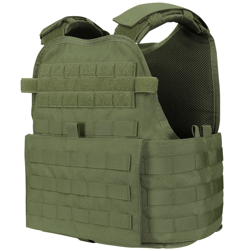 A Caliber Armor AR550 Level III+ Body Armor /w PolyShield and Condor MOPC - Shooters Cut - PolyShield plate carrier on a white background.
