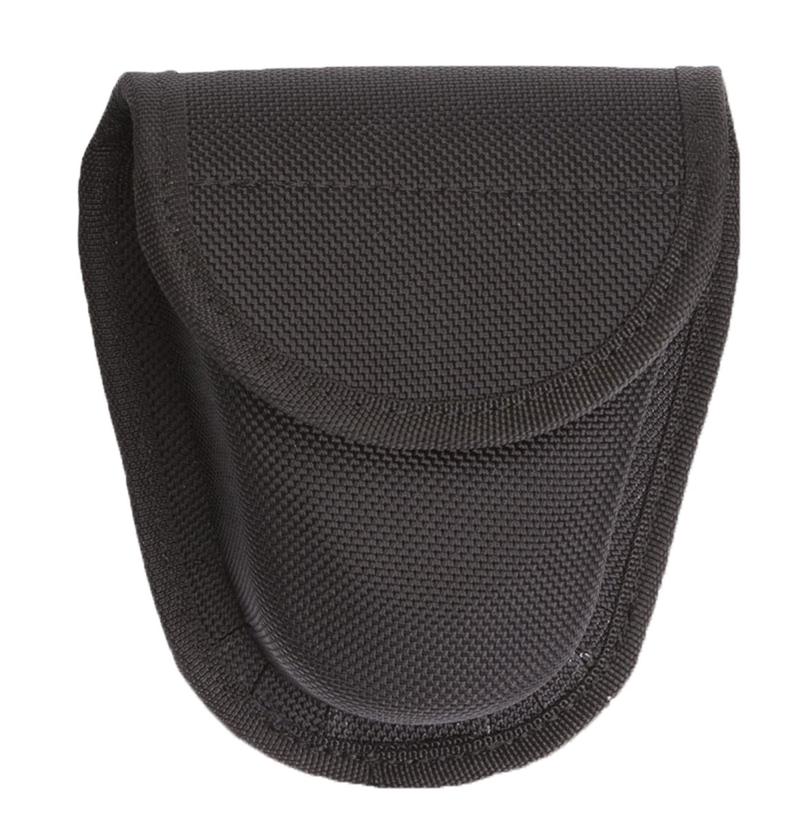 A black Elite Survival Systems Dura-Tek Handcuff Pouch with a flap closure, designed for compact storage, isolated on a white background.