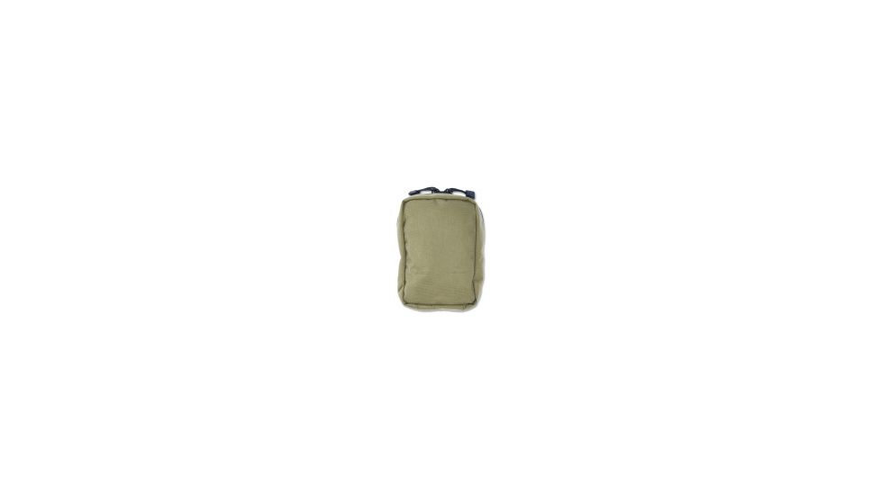 A khaki Elite Survival Systems MOLLE Medical Utility Pouch with black zippers, viewed from the front against a white background.