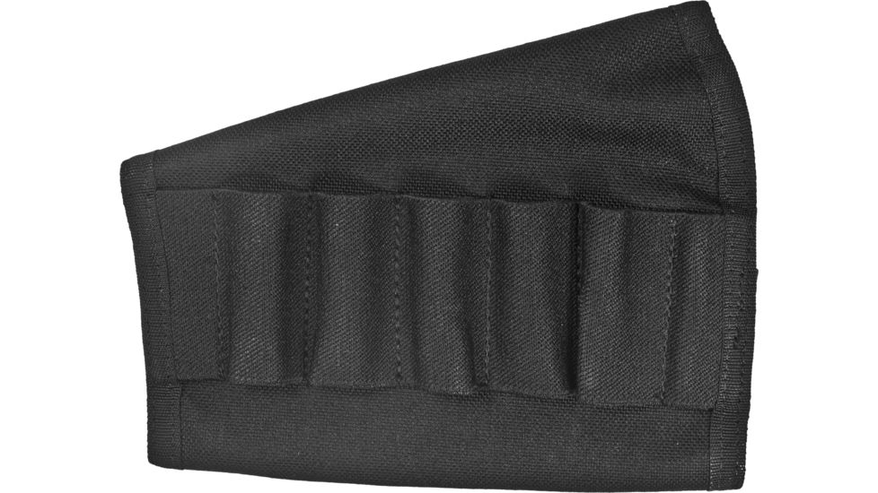 Black tactical knee pad isolated on a white background, featuring a ridged design for enhanced protection and Elite Survival Systems Butt Stock Cartridge Holders.