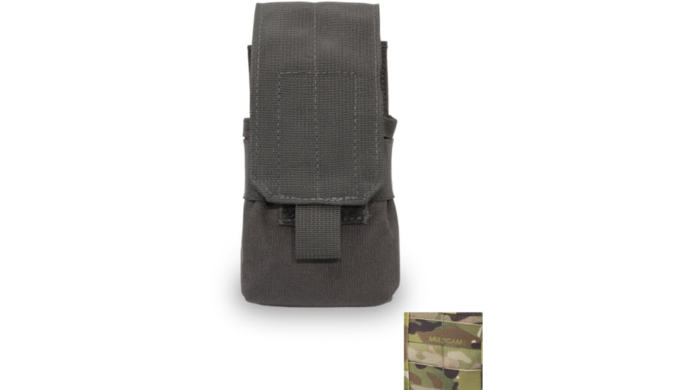 Olive green Elite Survival Systems Elite Survival System Single A/R Magazine Pouches MOLLE mag pouch with a buckle closure, displayed on a white background with a camouflaged logo in the corner.