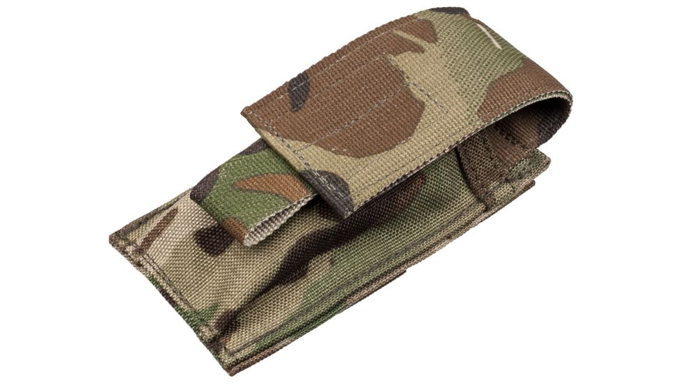 A camouflage-patterned tactical wallet with a velcro closure and Elite Survival Systems MOLLE Single Pistol Magazine Pouches on a white background.